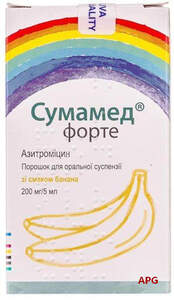 СУМАМЕД ФОРТЕ /БАНАН/ 200 мг/5 мл (600 мг) 15 мл пор. д/п сусп. фл.