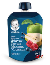 ПЮРЕ GERBER ЯБЛОКО-ГРУША-МАЛИНА-ЧЕРНИКА 90 г пауч
